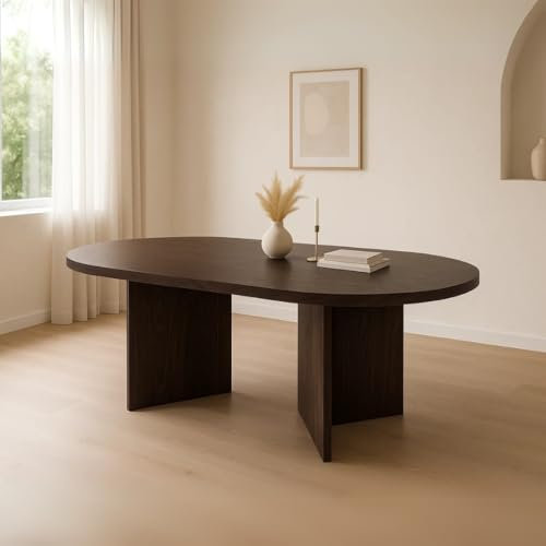 trelevo Esszimmertisch 204x90 cm, Nussbaum-Optik, Tischplatte gerade Kanten 40mm, ovealer Esstisch, Tischbeine V-Form, Holztisch Esszimmer