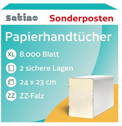 8.000 Papierhandtücher 2-lagig – B-Ware - ZZ-Falz – 24 x 23 cm – fusselfrei – saugstark – 40 x 200 Blatt – gefaltet: 24 x 11,5 cm – Handtuchpapier für Spender PT3, PT4 & H3