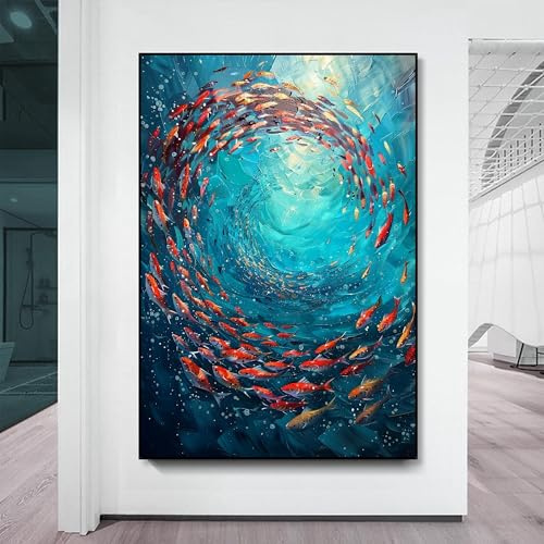 Leinwanddrucke mit Fischschwarm-Gemälden, abstrakte blaue Unterwasserwelt-Kunst, Ozean-Gemälde, Wandkunst für Wohnzimmer, 60 x 90 cm, rahmenlos