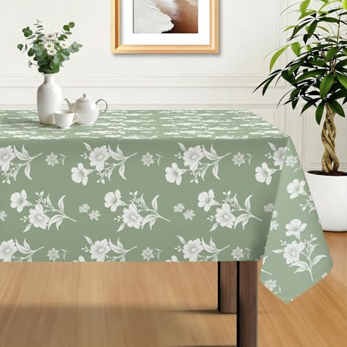 hometrixx Tischdecke Frühling Sommer Blumen Garten 140x180cm Salbeigrün | Tischdecken Abwaschbar,Fleckabweisend,Pflegeleicht,Polyester Tischtuch Rechteckig,für Party Picknick Abendessen Küche Dekor