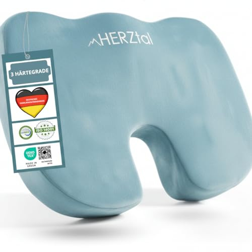 hERZtal Ergonomisches Sitzkissen [3 Härtegrade] – Memory Foam Steißbeinkissen zur Entlastung – Orthopädisch für Bürostuhl, Auto & Rollstuhl – inkl. Tasche, IGR Zert (Medium (70–90kg))