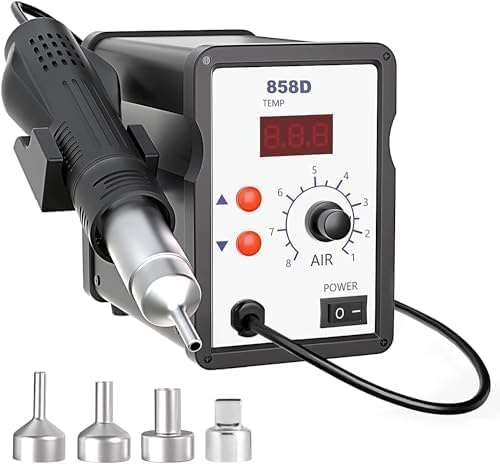 858D Heißluftlötstation, Entlötstation 700W mit 4 Heißgasdüsen, Einstellbarer Temperatur und Luftvolumen, PID Temperaturkontrolle, Auto Start/Stop, Soldering Station für SMD Löten und Entlöten
