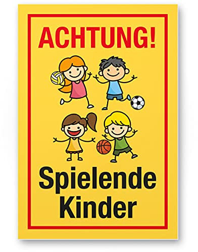 Komma Security Achtung Spielende Kinder Schild 20 x 30 cm Hinweisschild Warnzeichen Warnschild langsam fahren Warnung Hinweis Spielstraße Spielplatz - Vorsicht spielende Kinder