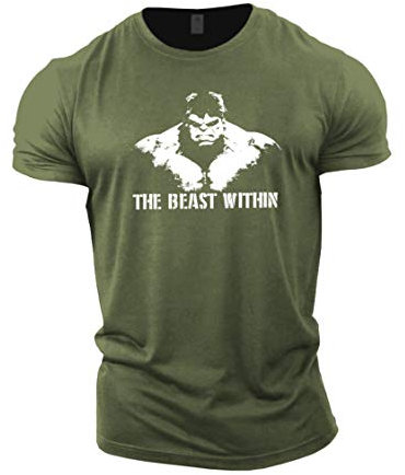 GYMTIER Beast Within Men's Gym T-Shirt Bodybuilding Training Workout Lifting Top Clothing, Green, 4XL
