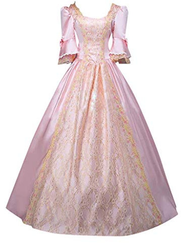 Routefuture Rétro Maxi Robe Femmes Arc À Volants Princesse Robe Gothique Robe De Cour Manches Longues Robe De Cocktail Soirée Cosplay Costume Halloween Swing Robe Père Noël (Rose,S)