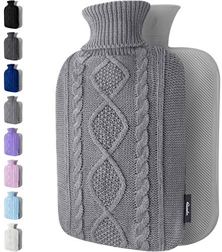 Wärmflasche mit Bezug – Weicher Premium Strickbezug – 1,8l groß Wärmeflasche, Wärmflasche Kinder, Bettflasche für Erwachsene für Kuschelige Nächte und Schmerzlinderung - Grau