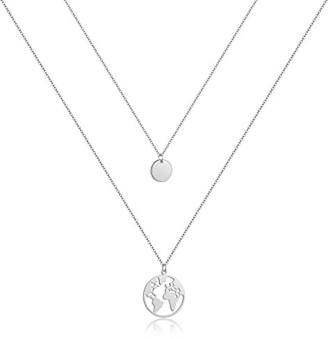 AFSTALR Silber Welt Kette Damen Welt Anhänger Halskette Frauen Doppel Kette Weltkugel Multilayer Kette mit Coin