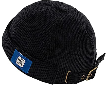 YAMEE Herren Mützen Docker Cap Skullcap Beanie Worker Sailor Cap Krempenlose Kappe Rollbund Retro Mode Krempenlose Mütze mit Verstellbar, DZM92-Black, One size