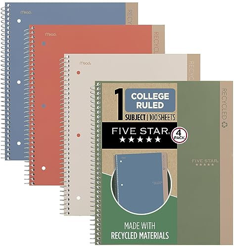 Five Star Spiralnotizbücher + Lern-App, recycelter Einband, 4 Stück, 1 Thema, College-Papier, 21,6 x 27,9 cm, 100 Blatt pro Notizbuch, Zion Clay, Olympic Green, Glacier Blue, Smoky Grey (820046)