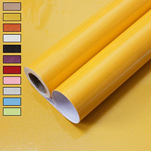 WADILE Peel and Stick Wallpaper, Shiny Contact Paper Solid Color Waterproof, Vinyl Colored Wall Paper Self Adhesive, Glossy(Yellow, 40cm X 5m)