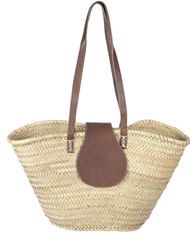Afrikan Bags - Bolso Capazo de Palma | Bolso de Palma de Base Oval con Cierre Solapa y Asa de Cuero Redonda en Cuero Marrón - 45/53 x 23 x 28 cm (Medidas aproximadas)