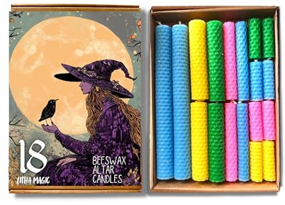 Phoenix Candle Company Litha | 18 Stück Bienenwachs Altarkerzen | A4 Litha Guide | Rad des Jahres | geruchlos | handgerollt | Brenndauer 35 bis 160 Minuten