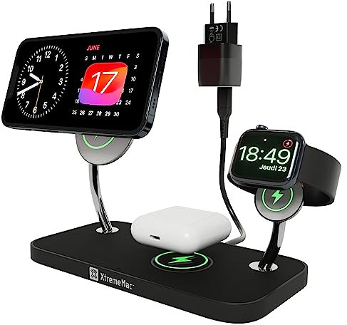 XtremeMac X-MAG Pro Chargeur sans Fil 3-en-1 à Grande Vitesse, certifié MagSafe, Les iPhone 12,13, 14 et 15, l'Apple Watch, Les AirPods et Tous Les Smartphones dotés d'une Fonction Charge sans Fil