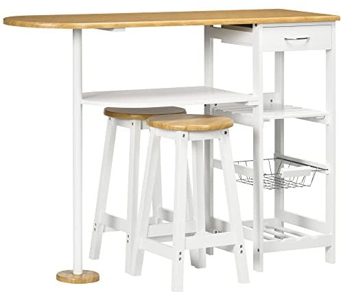 HOMCOM Set de Mesa de Bar con 1 Cajón 2 Estantes Cesta Extraíble y Botellero Juego de Muebles con Mesa Alta de 119x38,5x88,5 cm y 2 Taburetes de 29x29x55 cm para Comedor Cocina Blanco