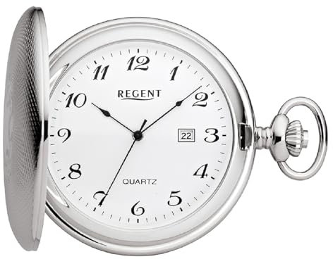 Regent Herren Taschenuhr Savonnette Verchromt 47 MM Quarz Arabische Zahlen Datum P-739
