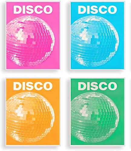 HOSUM ART Preppy Wandkunstdrucke, 70er-Jahre-Dekor, Vintage-Wandkunst-Poster, Retro-Schlafzimmer-Dekor, ästhetische Disco-Kunstdrucke für Mädchen, Wohnheim, Wanddekoration, ungerahmt, 4er-Set, 20,3 x