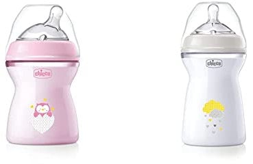 Chicco Natural Feeling Biberon Anticolica 2 Mesi + da 250 ml, Biberon con Tettarella in Silicone Morbida e Flessibile, Rosa & Natural Feeling Biberon Anticolica 6 Mesi + da 330 ml, Colore Neutro