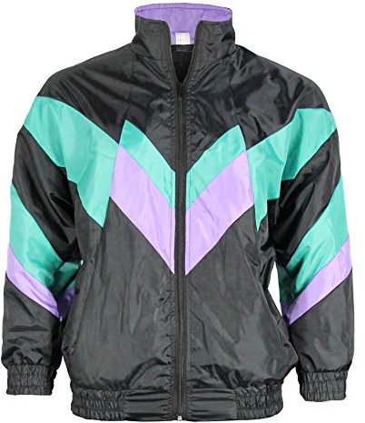 Foxxeo 80er Jahre Trainingsjacke für Herren Kostüm – schwarz grün lila – Größe:M