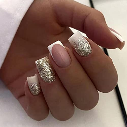 Ceboic Carrés Faux Ongles Court, Français Blanc Argent Brillant Press on Nails Courts, 24 Pièces Acrylique Capsules Ongles pour Femme et Fille, Faux Ongles à Coller Nail Art