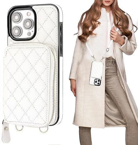 Bocasal Crossbody Wallet Case for iPhone 15 Pro Max, RFID Blocking PU Leather Zipper Handbag Purse Flip Cover, Kickstand Folio Case with Card Slots Holder Wrist Strap Lanyard 5G 6.7 Inch (White)