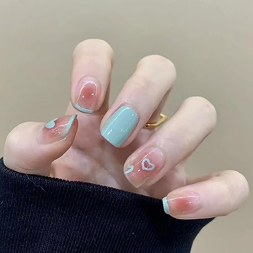 24PCS Short False Nails with Glue Stickers, Coffin Full Cover Acrylic and Press on Nails no Glue, Blue Edge Love French Fake Nails Stick for Women and Girls Nail Art