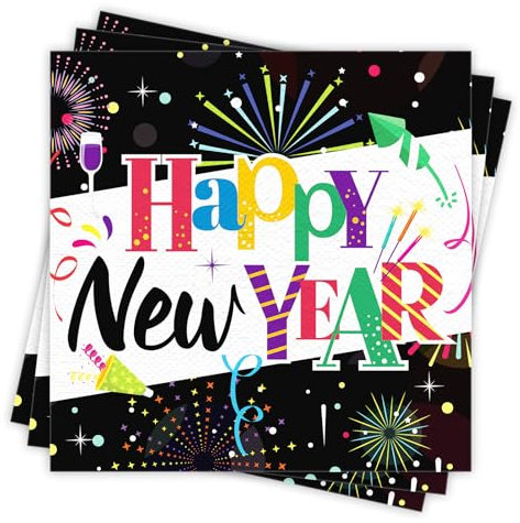 DPKOW 40 Stück Silvester Servietten Bunte Happy New Year Servietten Papierservietten für Silvester Deko 2025 Tisch Happy New Year Deko Silvester Party 2025 Silvester Tischdeko Neujahr Deko, 33X33CM