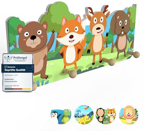 bunnyboo Kindergarderobe aus Holz - Garderobe Kinder mit 4 Kleiderhaken Kinder - kindliche Designs- wunderschöne Garderobenleiste Kinder (Wald)