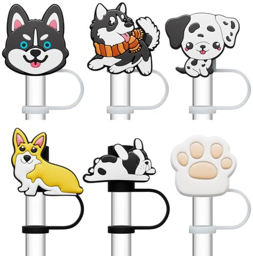 KAGM 6 PCS Silicone Spill Stopper Set for Stanley Cup Straw Covers 30 oz / 40 oz Tumbler Leak Proof Drink Stoppers - Dog