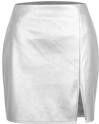 Leder Rock für Damen 90er Jahre Faltenrock Pailettenrock Stretch Party Metallic Silber Hohe Taille Mini Glitzer Rave Lack Pailletten Lederrock