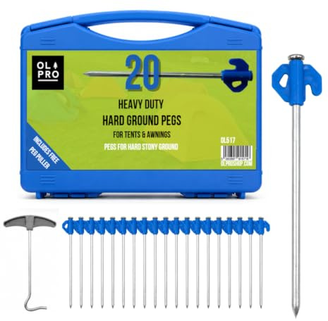 OLPRO 20 Hard Ground Rock Pegs with Peg Puller and Storage Case - Stainless Steel Heavy Duty Ground Pegs for Camping and outdoor events