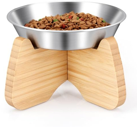 BULANGDE Gamelle Chat Plate INOX Surélevée avec Bambou Support Bois,Unique 1 Bol Assiette Chat Chien Lapin Antidérapante pour Eau et Nourriture,Mangeoirs et Abreuvoirs pour Animaux