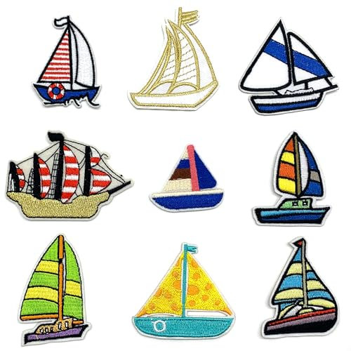 DHER Stickereien Aufnäher Kinder Applikation zum Aufbügeln Segelboot-Stickerei-Patches 9 Stück Sporty Style Kleidung Stickerei Iron-On Fabric Sticker Zubehör Mode Patch Aufkleber für Jacken (B)