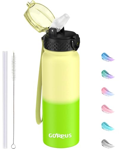 GOPPUS 600ml/20oz Stainless Water Bottle with Straw Double Wall Insulated Bottles with Strap One Hand Open Vacuum Thermal Flask with Flip Top Lid Leakproof Keep Cold Drinks BPA Free
