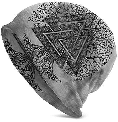 JHBTFQ Wikinger Beanie-Mütze für Herren Damen Stricken Doppellagig Skullies Herbst Sommer Odin-Mythos Nordisches Geschenk, Yggdrasil & valknut, One Size