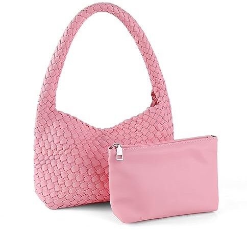 Handgefertigte gewebte Tasche für Damen, Schulterhandtaschen, veganes Leder, Tragetasche mit Geldbörsen, gewebte Tragetasche, Schultertasche, Unterarmtasche, Rosa, Einheitsgröße
