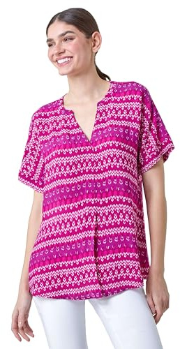 Roman Short Sleeve Shirt for Women UK Ladies Tunic Top Summer Blouse Casual Smat T-Shirt Spring Work Cocktail Party Going Out Special Occassion Holiday V-Neck - Magenta - Size 10