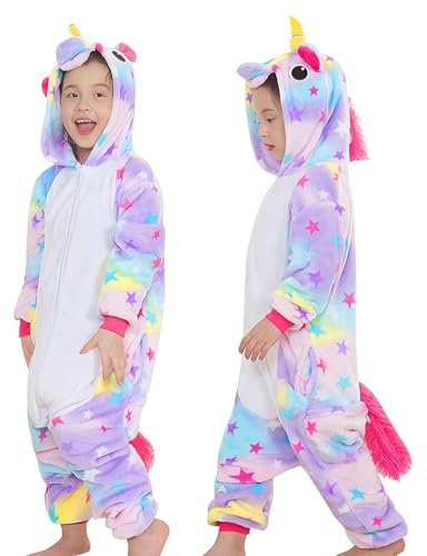 GEEKEO Onesie Pyjama Einhorn Kinder Schlafanzug, Mädchen Cosplay Costume Hoodie Kostüme Einhorn Pyjamas Nachtwäsche Fancy Dress Up Unisex Weihnacht Halloween Fasching Karneval Kostüm