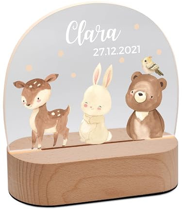 Bärenfreunde® - Personalisiertes Nachtlicht für Babys - Individuelle Nachttischlampe für Kinder - Personalisierte Geschenke Kinder - Babygeschenk - Geschenk zur Geburt (Reh Bär Hase Punkte)