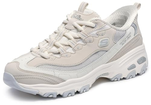 Skechers Damen D'Lites Smooth Nostalgia Turnschuhe, Natural Leather/Duraleather/Grey Mesh/Trim, 35.5 EU