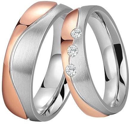 DOOSTI Partnerring/Trauring HIGHLIGHT – BICOLOR Chirurgischer Edelstahl 316L Rose vergoldet - Damen und Herren Variante (Ring mit Stein, 48)