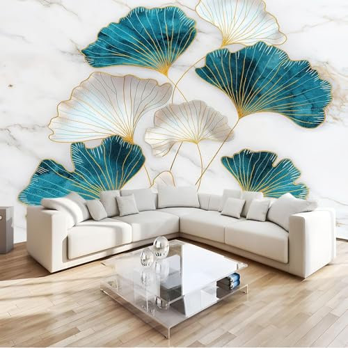 Texture Dorée Papier Peint Feuilles de ginkgo géométriques Tapisserie Murales Papier Peint intissé pour Chambre Salon Appartement Personnalisé Décoration Murale 200x140 cm