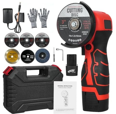 Mulcort Cordless Angle Grinder 7000RPM, 16.8V Mini Grinder, Electric Grinding Tool with 2 x 2000mAh Batteries and Grinding Discs for Cutting Polished Tiles, Wood, Stone, Steel