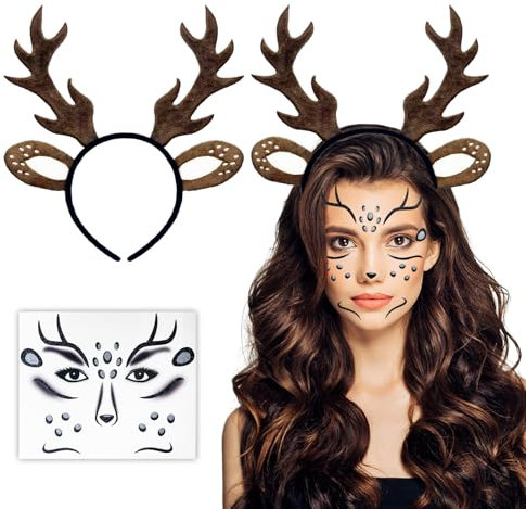 LOYEBOHU Reh Kostüm Damen Fasching, Reh Haarreif Damen Mädchen, 1 Geweih Haarreif + 1 Glitzer Gesichtstattoo Karneval Mottoparty Cosplay