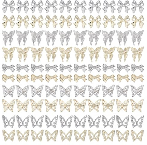 NICENEEDED 100 PCS 3D Butterfly Nail Charms, Butterflies Nail Jewelry Shiny Gold Silver Nail Charm, Metal Nail Charms Art Supplies Art Craft DIY Decoration