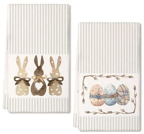 Geschirrtücher Ostern, Osterdeko Geschirrtuch Ostern Easter Kitchen Towels with Cute Rabbit & Easter Egg Design, Spring Stripes Tea Towels, Set of 2, 42 x 65 cm, Perfect for Easter & Spring Decoration