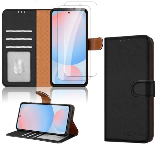 iCatchy for Samsung A56 5G Case with 2x Screen Protector Leather Magnetic Flip Cover Card Holder Kickstand Feature Full Protection Phone Cover Compatible with Galaxy A56 (Black)