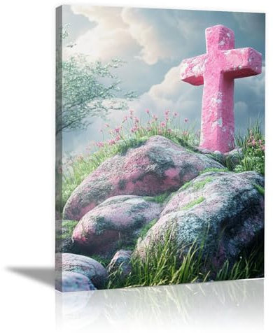 CUDAOO Toile Tableaux Jésus Christ Croix, Cadre de poudre de roche Pour salon, salle à manger, chambre à coucher, salle de bain - 60x90cm Encadrée(Couleur rose)