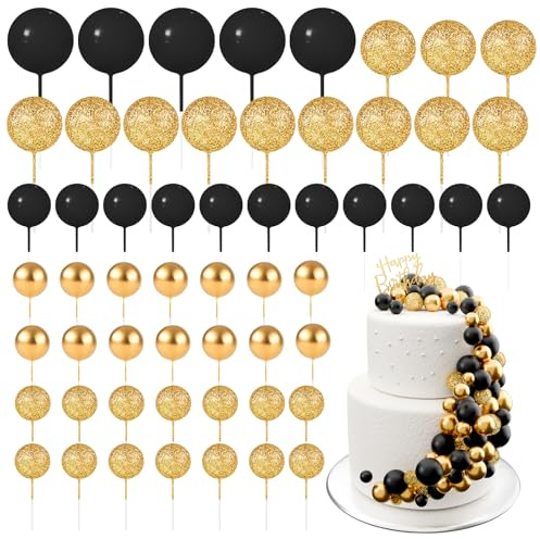 BOUBONI 60 Stück Tortendeko Kugeln Cake Topper Kuchen Kugeln Dekorationen Mini Ballons Tortenaufleger für Torte Dekorieren Geburtstag Party Babyparty (Glitzer Schwarz-Gold)