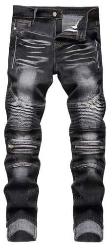 RuFengz Motorradhose Herren, Motorradjeans Herren Stretch mit Protektoren Sommer Motorradhose Löchern Tasche Otorradjeans Hose Lederhose Leggings Kurzgrößen Outdoor Trainingshose Jeans, Schwarz