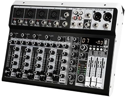 Mezclador de audio, Mezclador Bluetooth profesional, interfaz de consola mezcladora de sonido, tarjeta de sonido USB for ordenador y hogar Para karaoke, estudio, streaming y grabación(6 Channel)